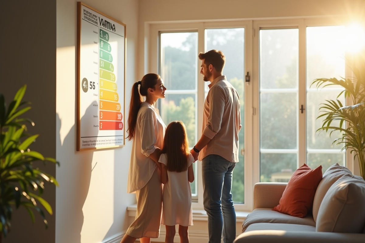Famille dans un salon lumineux examinant un tableau d'efficacite energetique
