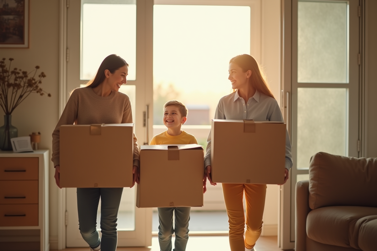 Famille heureuse emmenageant dans un appartement lumineux