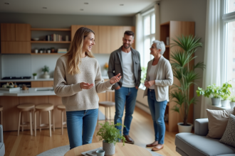 Femme accueillant des acheteurs dans un appartement moderne