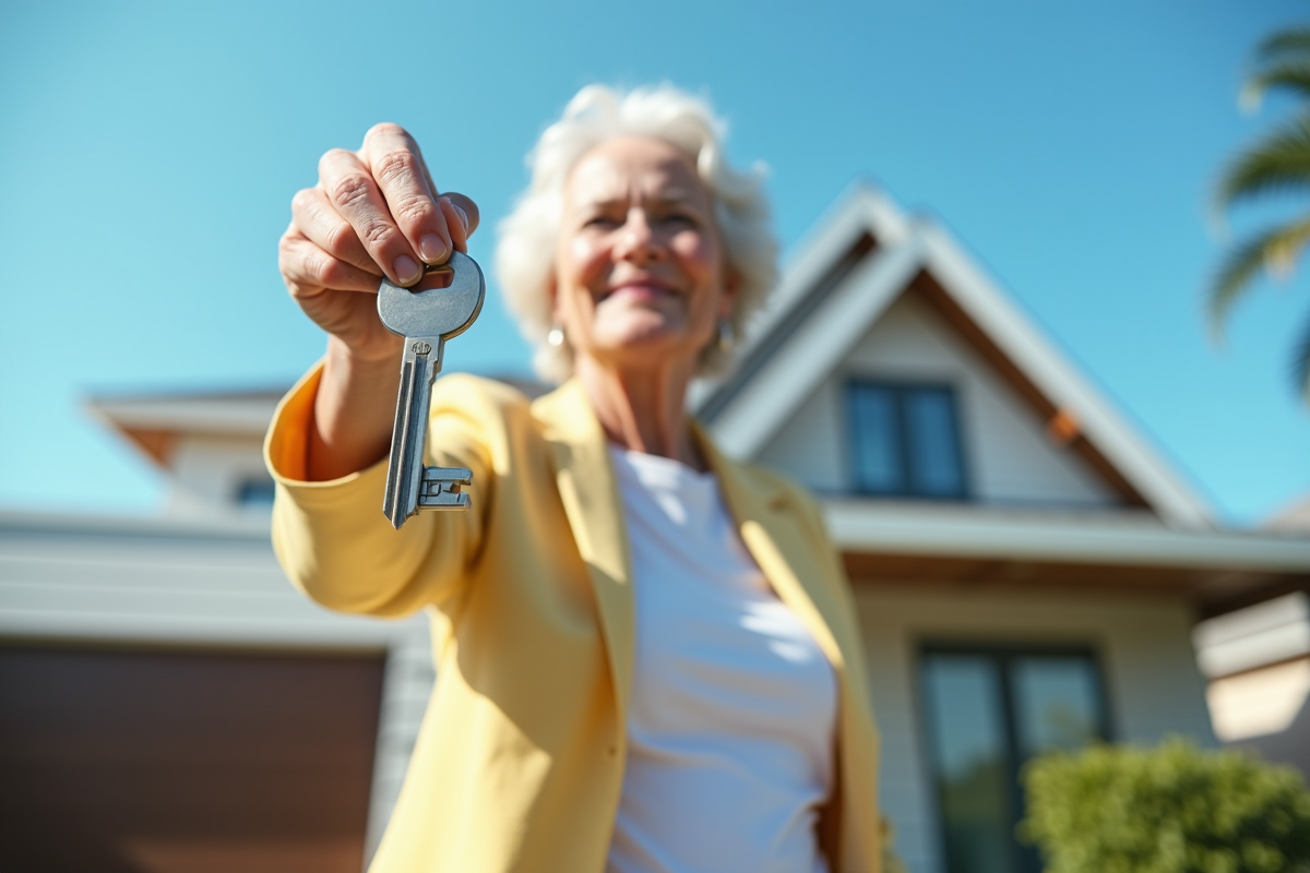 Femme âgée tenant des clés devant une maison moderne