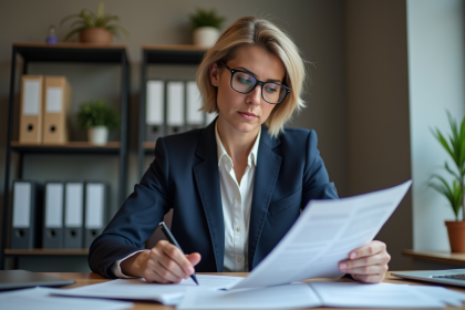Femme d'affaires en costume bleu examinant un contrat dans un bureau