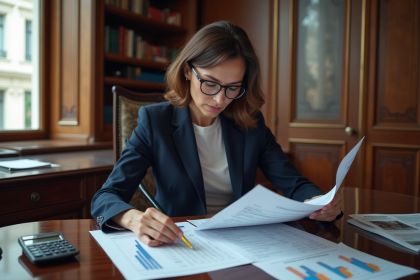 Femme d'affaires française examinant documents immobiliers