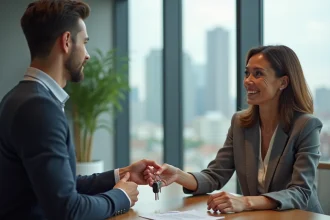 Femme d'affaires remettant des clés à un jeune homme dans un bureau moderne