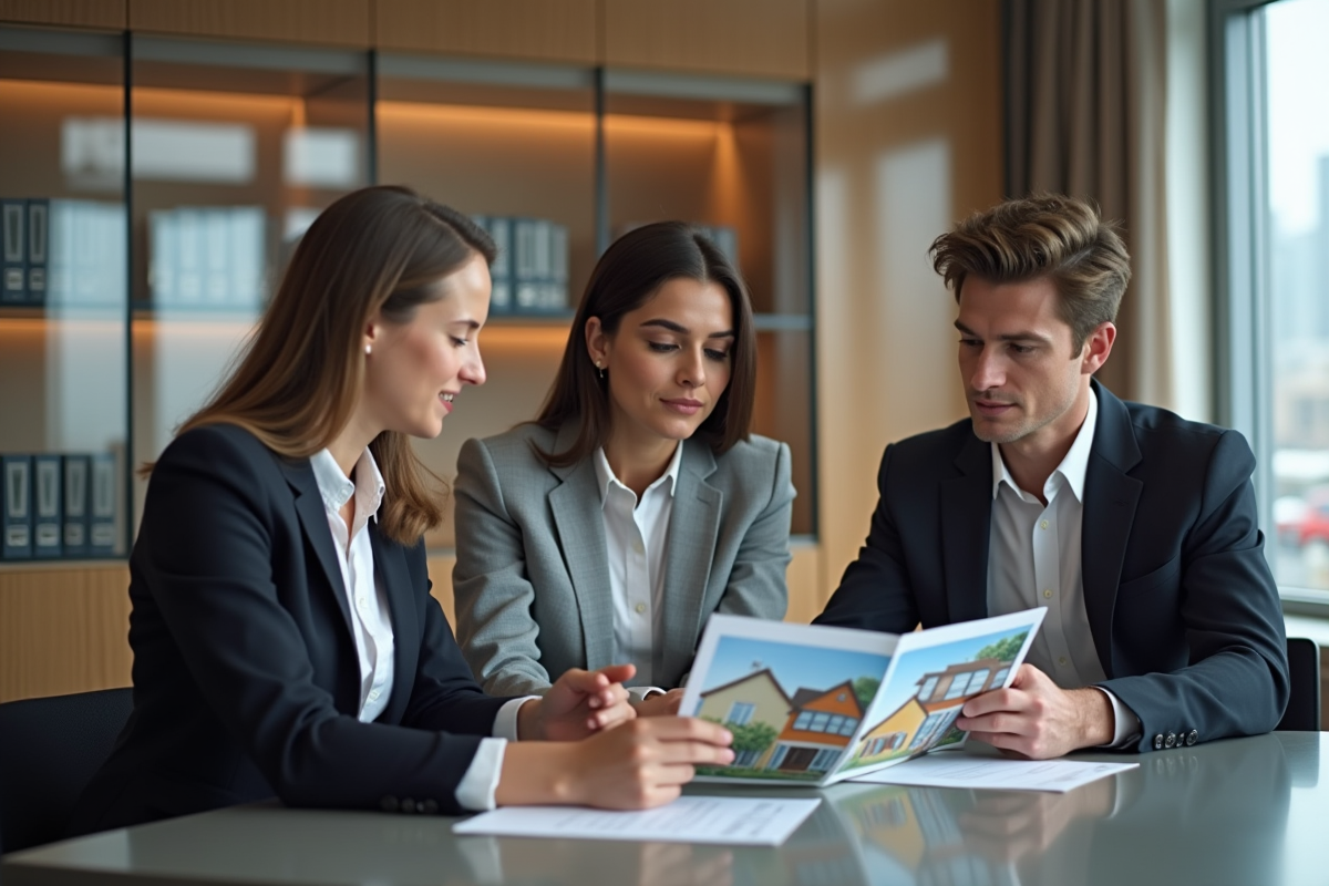 Femme professionnelle discutant avec un couple dans un bureau
