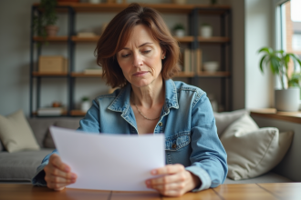 Femme examinant des documents d'assurance maison à la maison