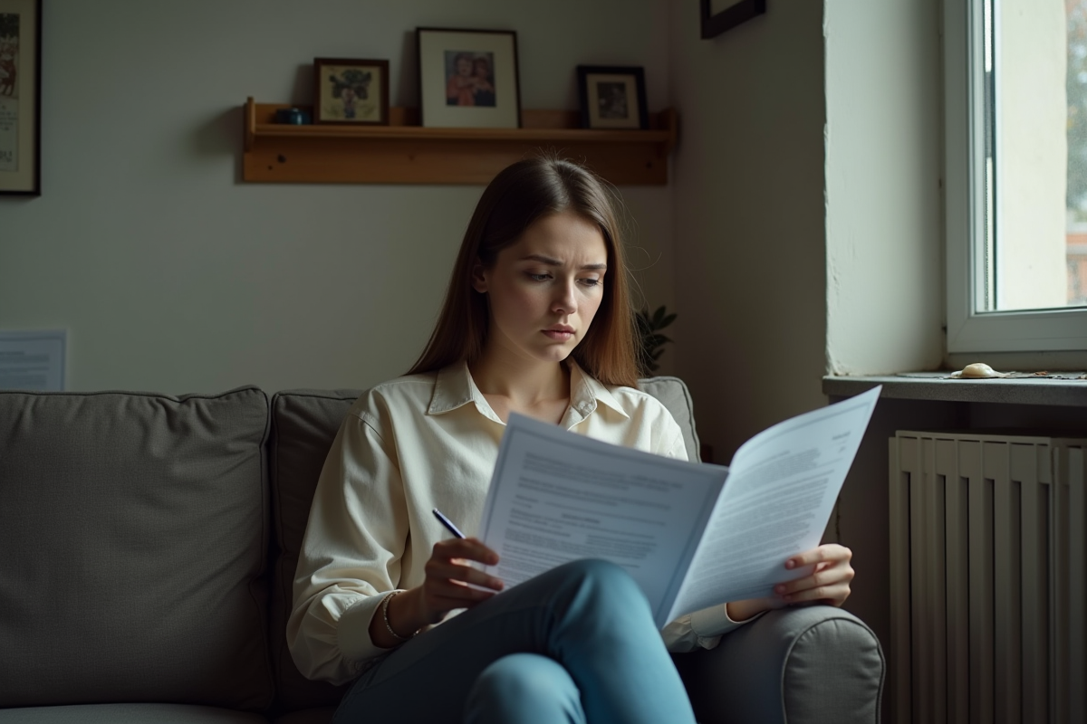 Jeune femme examinant des documents dans son salon modeste