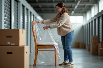 Femme emballant une chaise en bois dans un centre de stockage