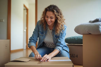 Femme souriante en train d'emballer une boxe de déménagement