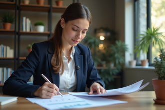 Femme professionnelle en réunion de finances dans un bureau moderne