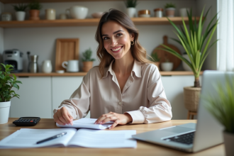 Femme souriante gérant ses revenus locatifs à la maison