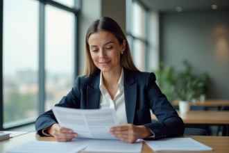 Femme confiante en immobilier examinant des documents