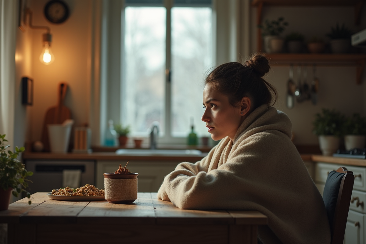 Jeune femme inquiète dans la cuisine avec condensation