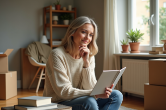 Femme méditative triant des livres dans un salon chaleureux