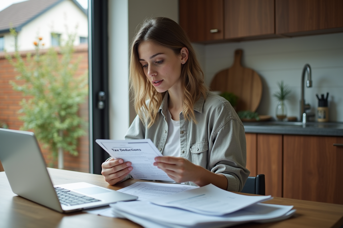 Jeune femme lisant un document sur les deductions fiscales à la maison