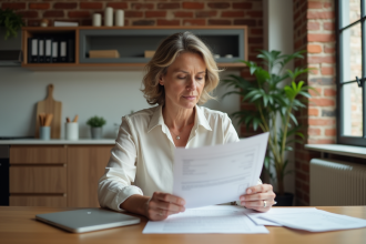 Femme d'âge moyen examinant des documents immobiliers à la maison
