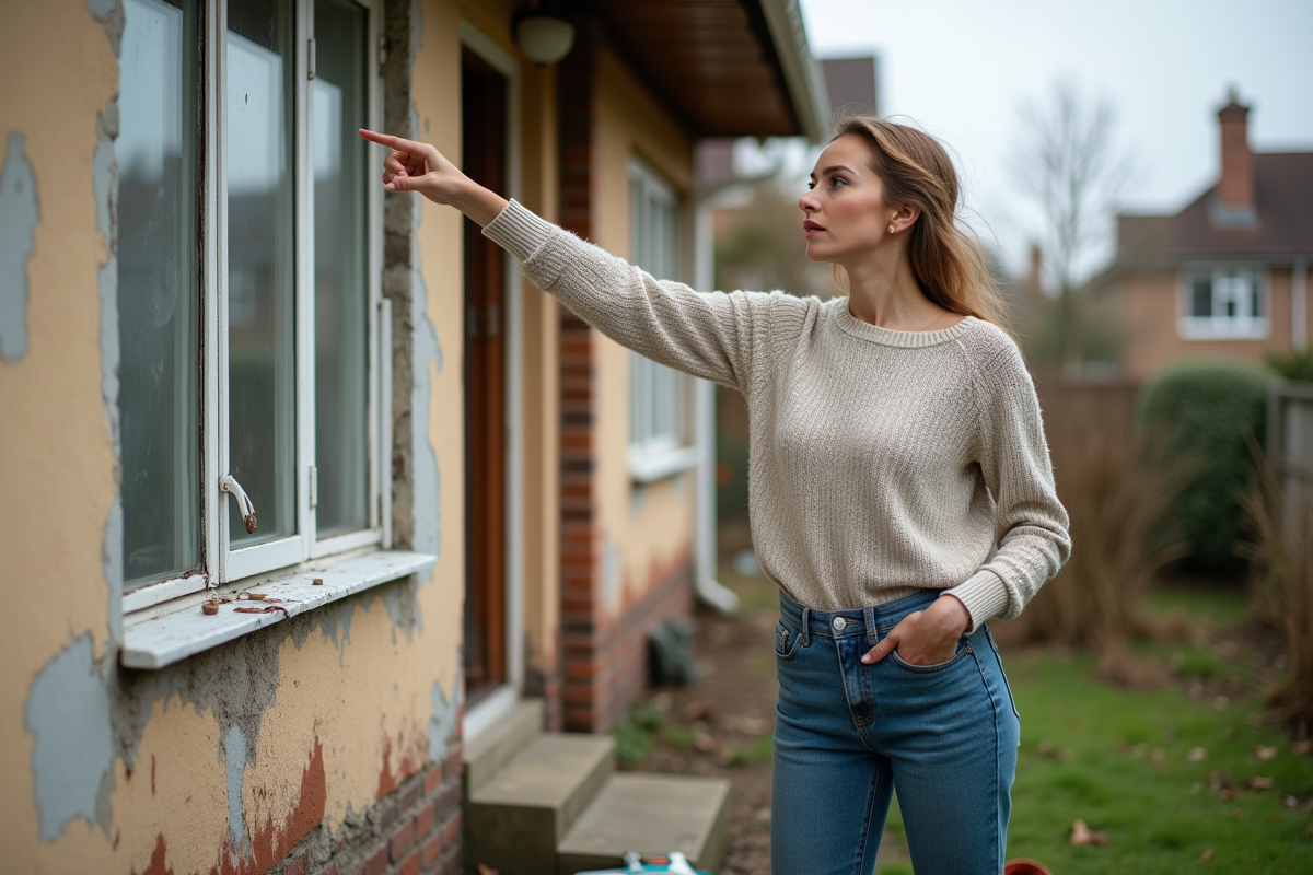 Femme pointant une maison en mauvais état dans un quartier