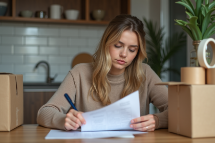 Femme remplissant papiers d'annulation d'assurance à la maison