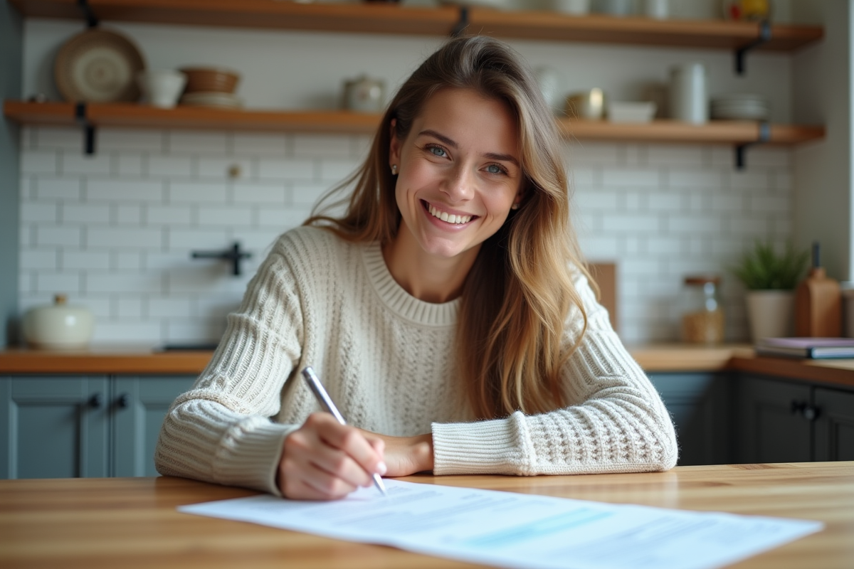 Jeune femme propriétaire examine documents dans sa cuisine