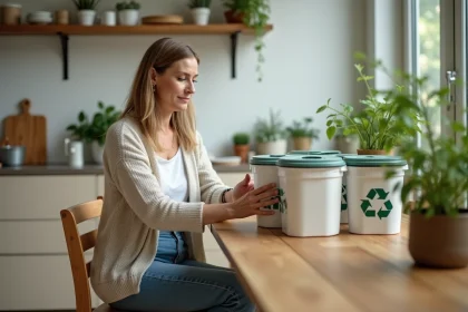 Femme trier ses d&eacute;chets dans une cuisine moderne &eacute;cologique