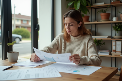Femme examinant plans de renovation et documents de pret immobilier