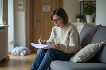 Femme d'âge moyen examine des documents d'assurance dans son salon