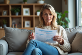 Femme assise sur un canapé avec un contrat d'assurance