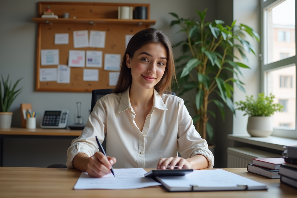 Jeune femme au bureau familial note sur formulaire fiscal