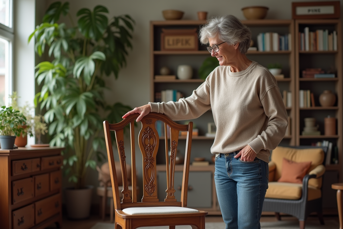 Femme examinant un meuble ancien dans un salon lumineux