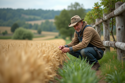 Ferme avec fermier inspectant les cultures diverses