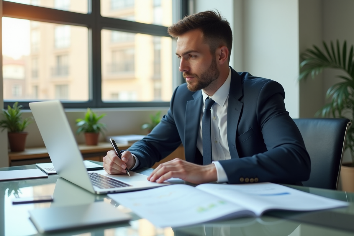 Gestionnaire immobilier au bureau avec documents et rapports
