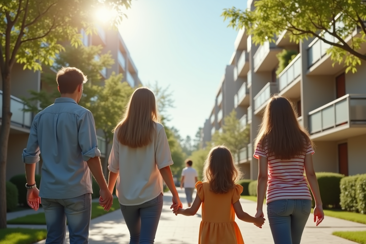 Groupe divers de familles devant un immeuble social