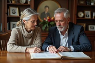 Couple d'adultes examinant des documents d'héritage dans un intérieur chaleureux