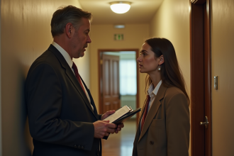 Homme d'affaires parlant à une femme inquiète dans un couloir d'immeuble