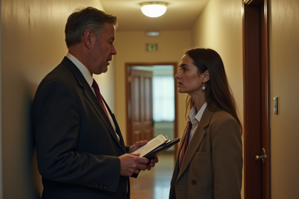 Homme d'affaires parlant à une femme inquiète dans un couloir d'immeuble