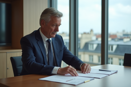 Homme d'affaires français en costume dans une salle de réunion parisienne
