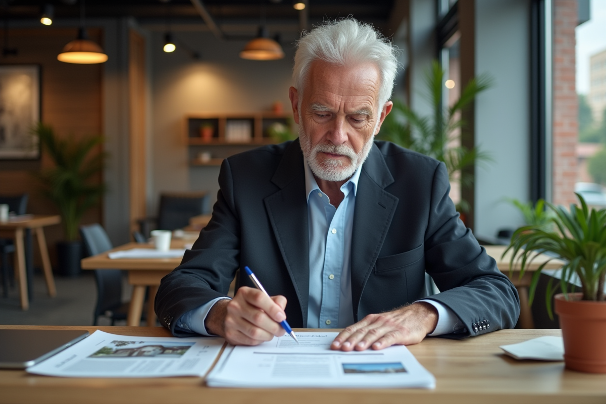 Homme âgé analysant un bilan immobilier au bureau