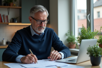 Homme d'âge moyen en pull marine consulte documents et ordinateur