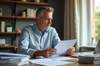 Homme d'âge moyen examinant documents immobiliers dans un bureau lumineux