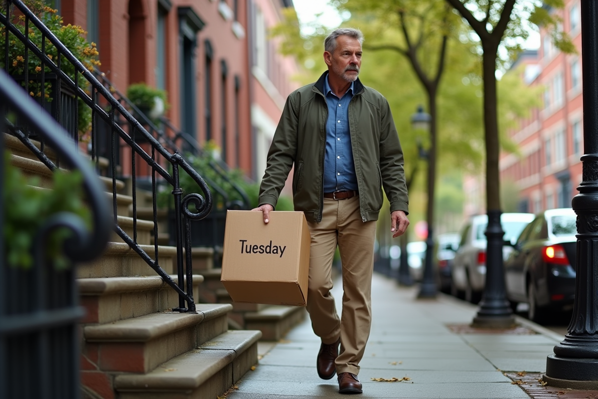 Homme portant une caisse dans une rue urbaine en déménagement