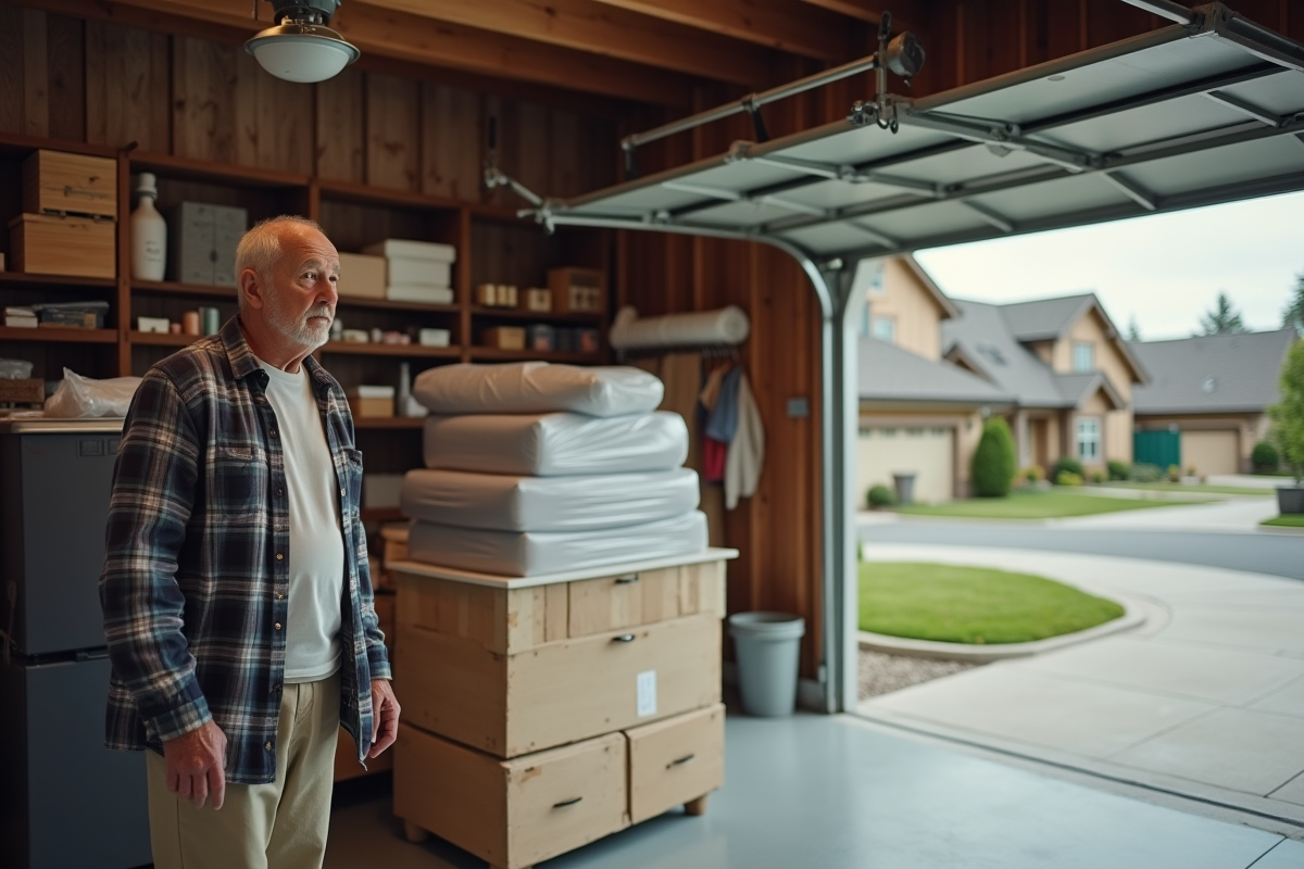 Homme âgé dans un garage avec meubles emballés et rangés