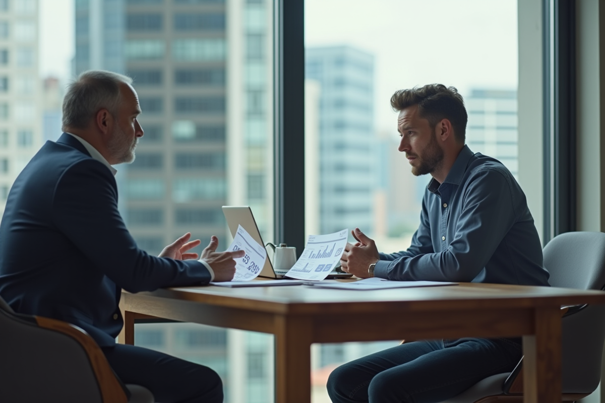 Homme discutant financement immobilier avec conseiller en bureau