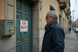 Homme d'âge moyen regardant une affiche à louer sur une porte ancienne