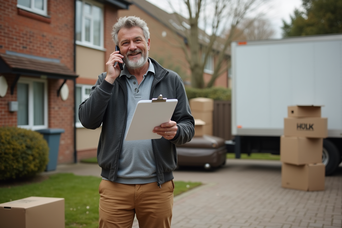Homme parlant au téléphone devant une maison de banlieue