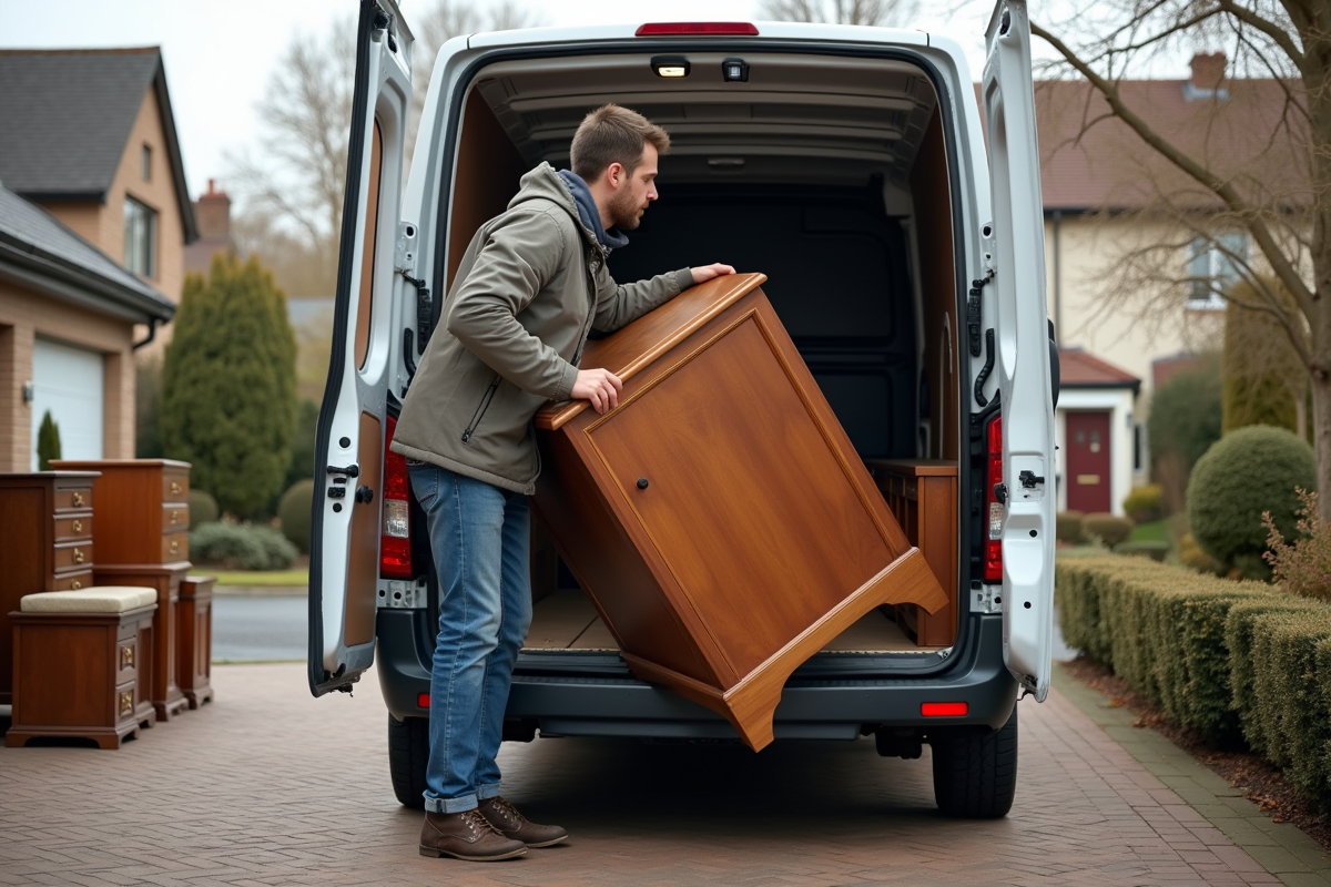 Jeune homme chargeant un meuble ancien dans une voiture