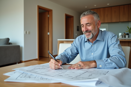 Homme d'âge moyen examinant des plans de rénovation dans un appartement moderne