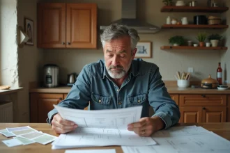 Homme d'âge moyen en jeans examine des plans de rénovation