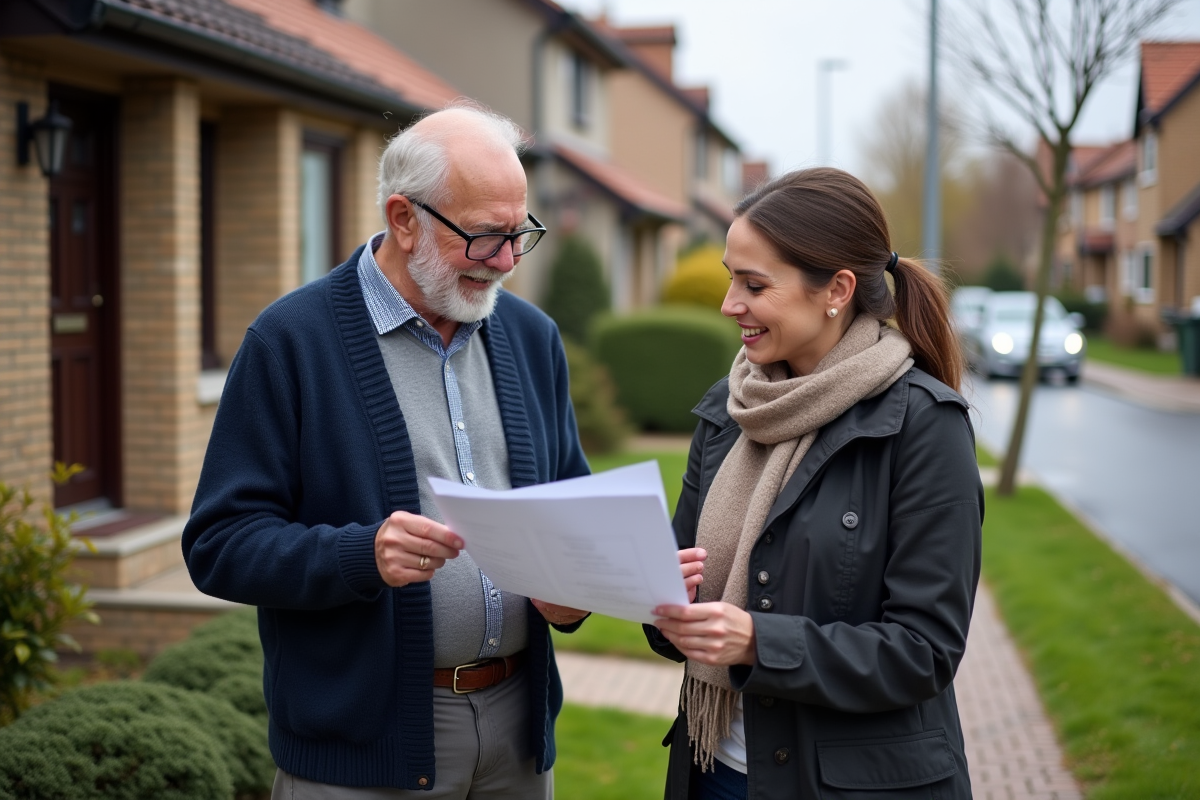 Homme âgé discutant avec une agente municipale devant sa maison