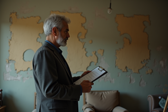 Homme d'âge moyen inspectant un mur ancien dans un appartement