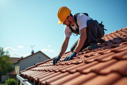 Couvreur inspectant une toiture en tuiles sous un ciel bleu en banlieue