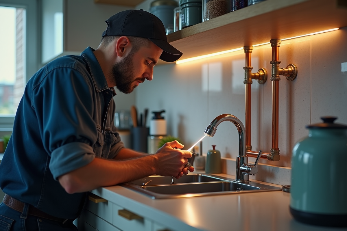 Plombier inspectant des tuyaux en cuivre modernes sous l'évier de cuisine